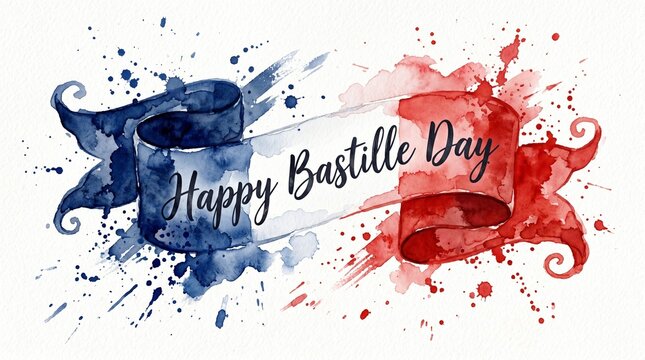 Happy bastille day watercolor banner with blue and red ribbons and patriotic french design