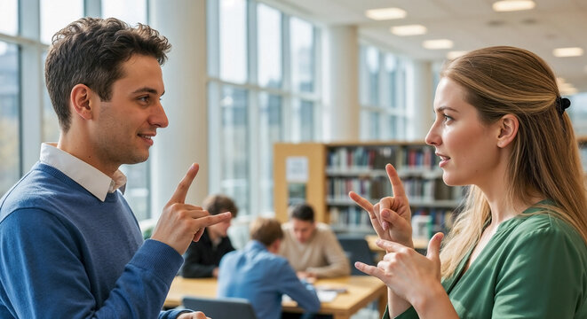 Deaf person in university actively communicates with peer through sign language. Students learn nearby, deaf person in university interaction shows inclusion.