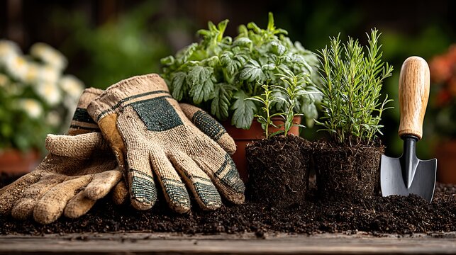 Gardening tools gloves and saplings on wooden table images