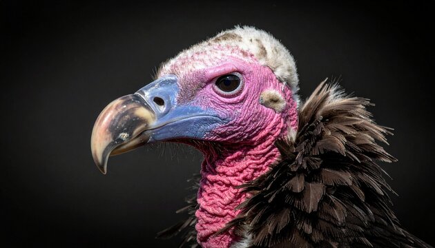 Lappet-faced vulture close-up portrait with massive hooked beak and pink neck folds in Africa