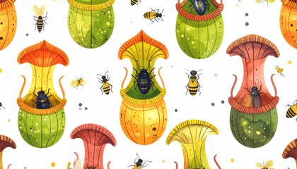 Naklejka premium Whimsical Pitcher Plants with Trapped Insects Seamless Pattern Illustration on White Background
