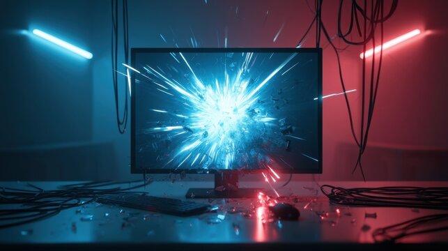 Explosion of blue white light and sparks bursting out from computer monitor screen in dark room with colorful neon lights and scattered debris