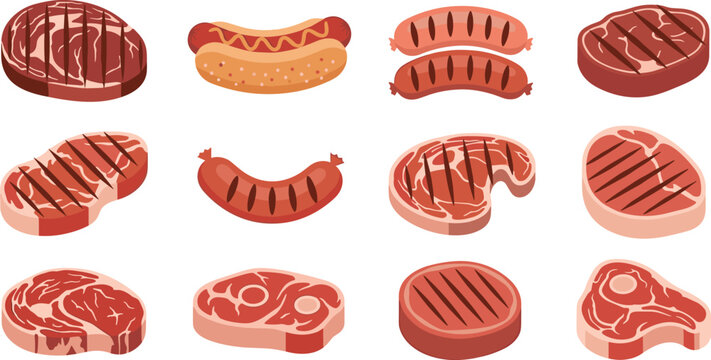 Flat style vector icon set of barbecue meat featuring grilled beef steaks hot dog bun bratwurst sausages and raw marbled pork chops isolated on transparent background