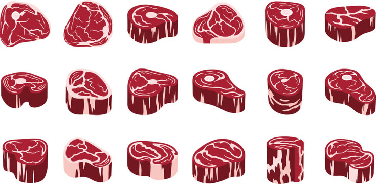 Flat vector illustration bundle featuring various raw beef steaks sirloin medallions chuck roasts tenderloin fillets and round meat cuts isolated on transparent background