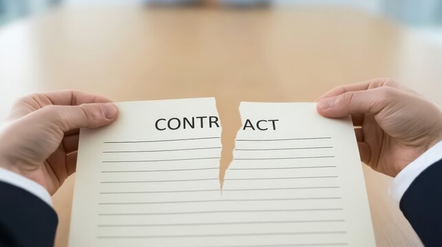 Hands tearing a contract document in half symbolizing agreement termination, breaking deal, or ending business relationship on blurred office background