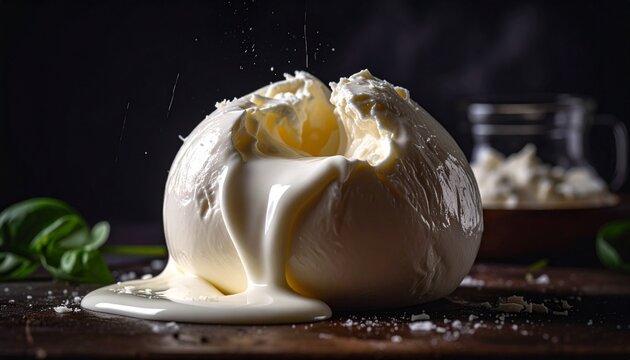 Burrata cheese being pulled apart to reveal creamy stracciatella filling in dark moody studio setting