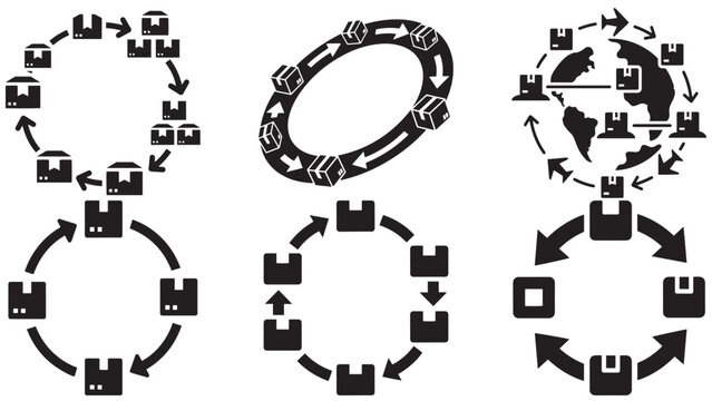 Circular logistics and delivery flow infographic with boxes, arrows, and global supply chain routing concepts in dark silhouette style
