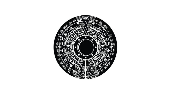 Aztec calendar stone illustration features intricate black and white patterns on a circular historical.