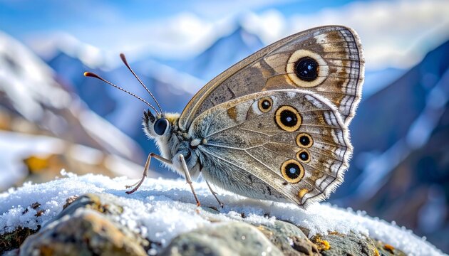 Mountain ringlet butterfly perched on snowy rock in alpine landscape with clear blue sky