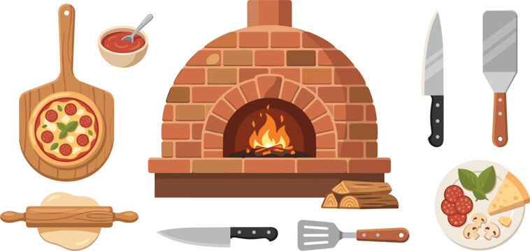 Brick pizza oven vector set with italian pepperoni pizza, dough, peel and cooking equipment ingredients