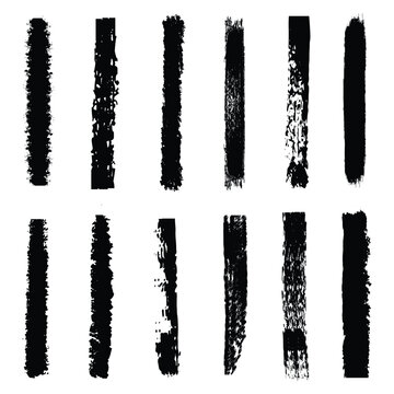 Vertical black grunge brush stroke set. Rough ink paint sidebars and textured column dividers. Professional vector elements.