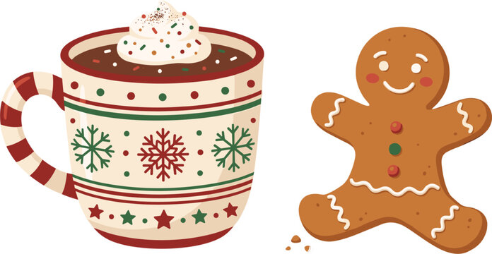 Christmas hot chocolate vector illustration with snowflake mug, whipped cream and gingerbread man cookie