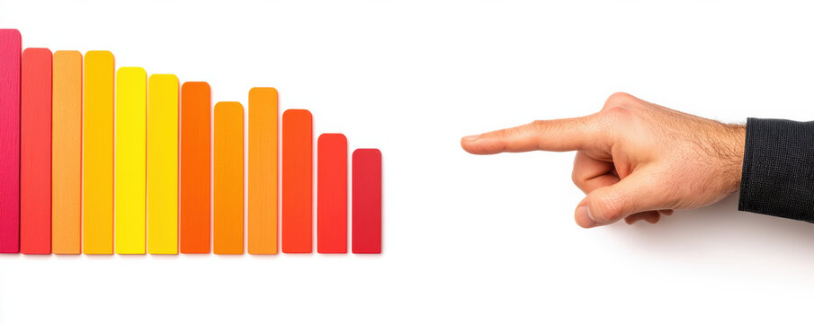  hand points toward a descending bar graph with bars in warm colors from yellow to red, symbolizing decline or decrease.