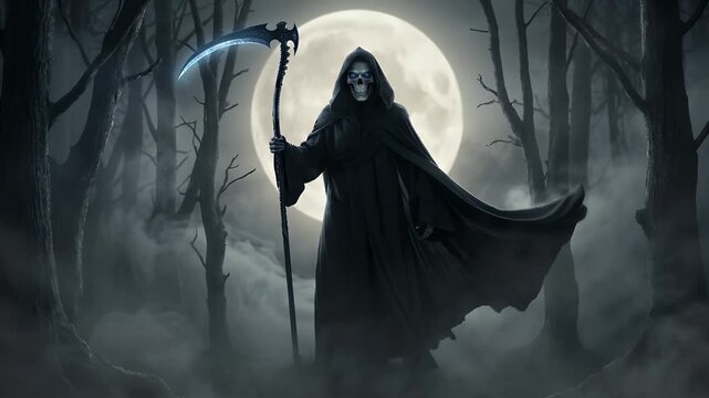A skeletal Grim Reaper in a dark hooded cloak holding a scythe, standing in a misty, eerie forest under a full moon.