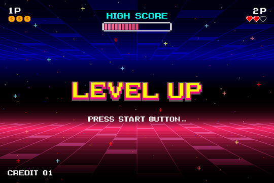 LEVEL UP. press start button. pixel art 8 bit. retro game for assets in vector illustrations.