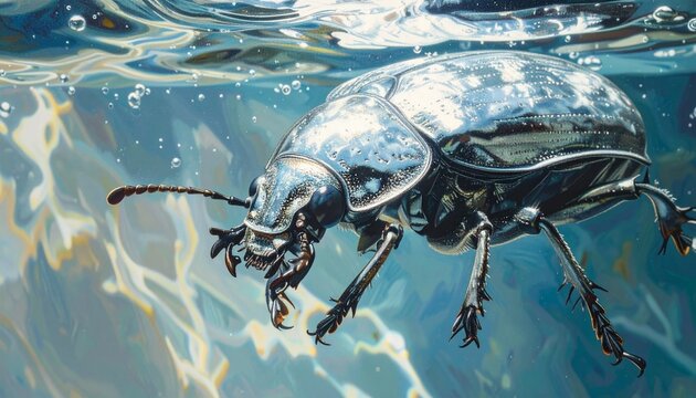 Diving beetle carrying silver air bubble underwater close-up macro photography in freshwater