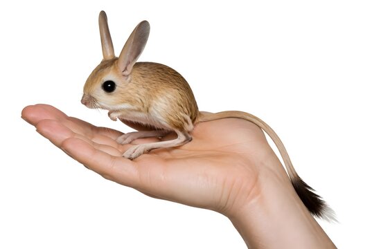 Desert jerboa rodent sitting in human hand isolated white background