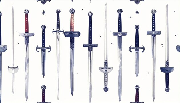 Collection of fencing swords foil &eacute;p&eacute;e sabre set arranged in seamless pattern on white background