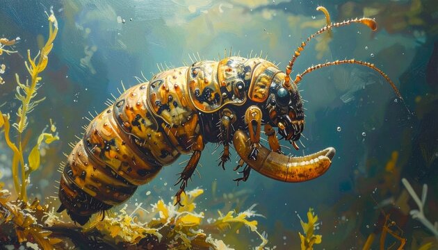 Great diving beetle larva gripping with curved mandibles in underwater macro close-up