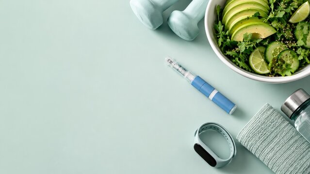 GLP 1 injection pen beside healthy food and fitness accessories on pastel background with large copy space, weight loss wellness website banner.