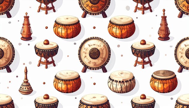 Traditional Indonesian Gamelan Instruments Seamless Pattern in Flat 2D Illustration Style