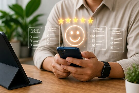 Man sits at a desk with a tablet and smartphone surrounded by customer satisfaction ratings and feedback forms