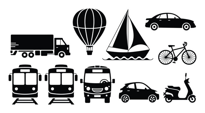 Transportation icons set, car truck bicycle train scooter sailboat hot air balloon, simple black silhouette vector collection for travel design