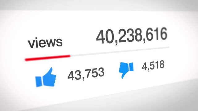 Video animation of a fast increasing video view count growth graph or views counter with likes and dislikes indicators on a white background.