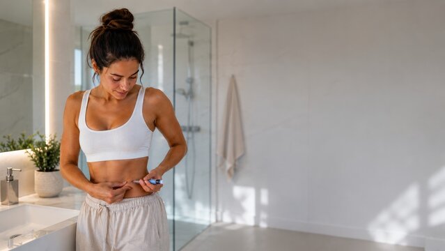 Young woman measuring waist after GLP 1 weight loss progress in bright bathroom interior, healthy lifestyle concept, wellness journey, body transformation.