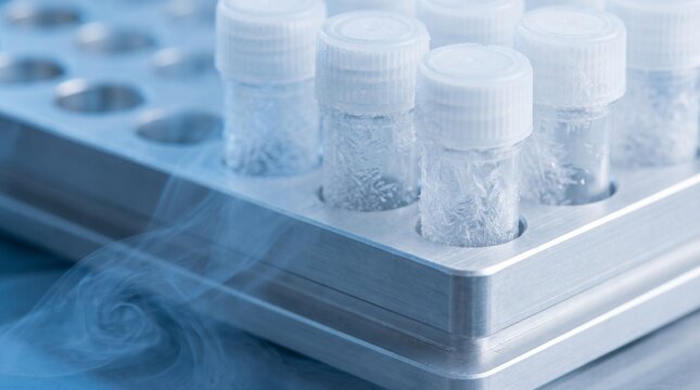 Macro View of Frosted Medical Cryovials In Storage Rack