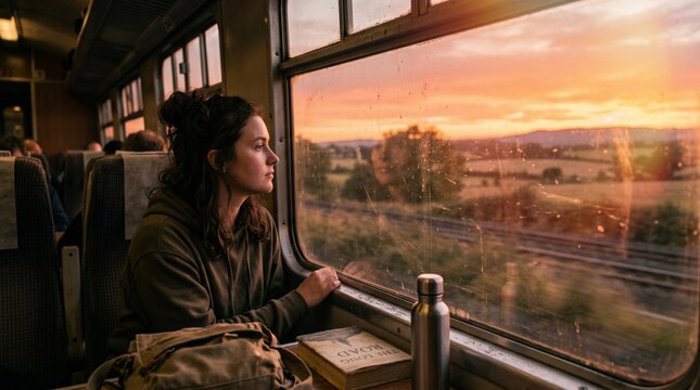 Young woman with curly hair gazes out of a train window at a sunset landscape, with a backpack and water bottle on the seat beside her