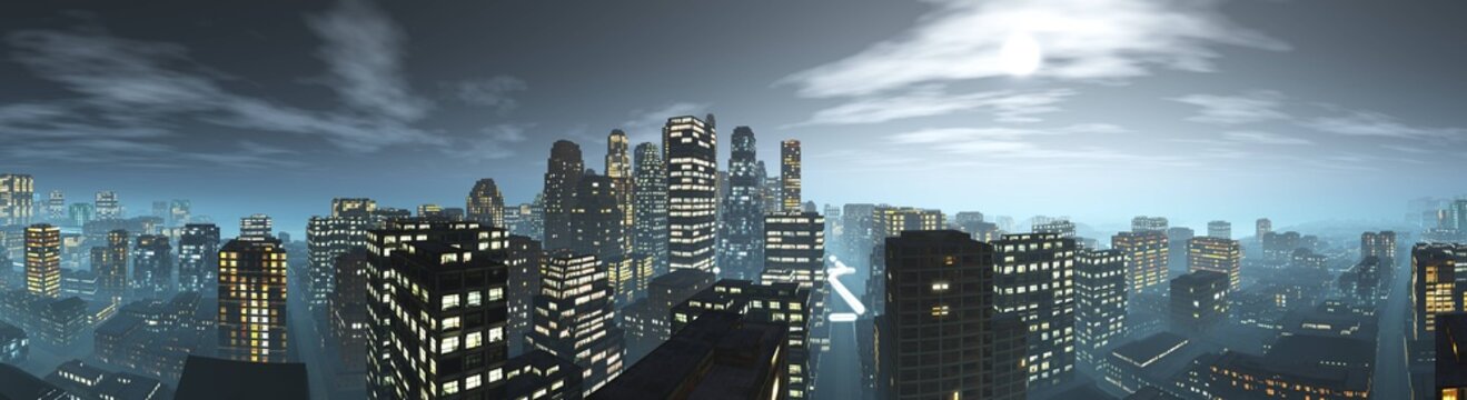 Beautiful night city, evening city panorama, night skyscrapers, city panorama, 3D rendering