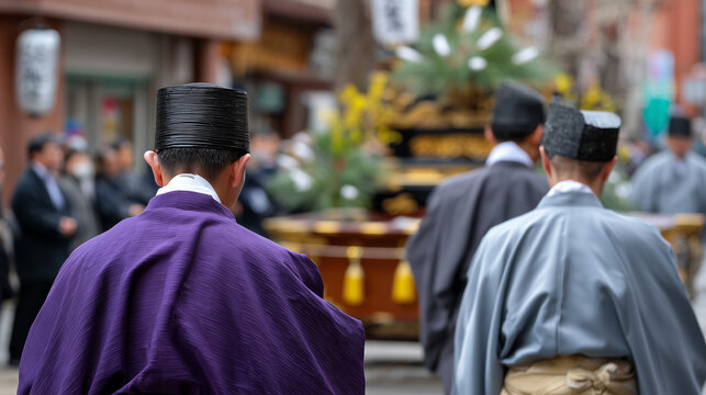 Men in traditional attire participate in Kitano Tenmangu Reitaisai festival procession