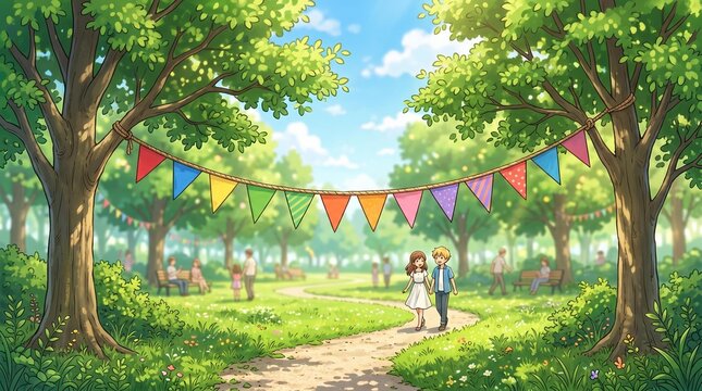 Animated illustration of a couple standing under colorful bunting in a park, surrounded by trees and people enjoying a sunny day outdoors