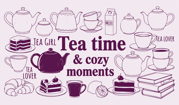 Tea Time Cozy Moments Collection with Teapot Cups Cakes Books Relaxation Comfort Hand Drawn Sketch Illustration Vector Set Design Elements
