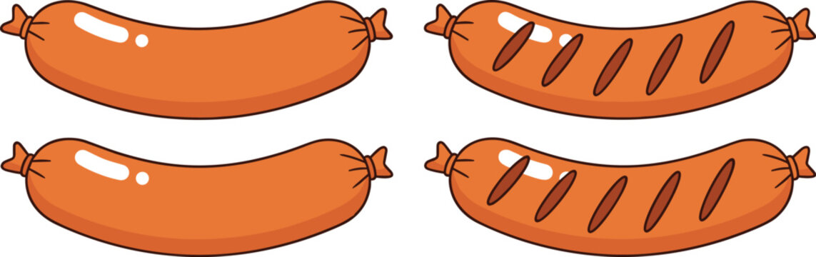 Fresh and grilled hot dog sausages collection set featuring plain and cut barbecue frankfurters flat vector illustration isolated on transparent background for cookout party menu design