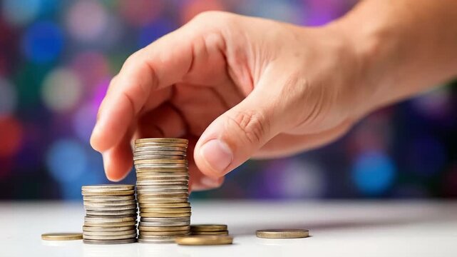 Hand stacking coins, symbolizing financial growth and wealth accumulation.