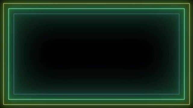 Neon rectangle frame with purple and violet glowing light borders flashing on black background loop transition element, 4k video