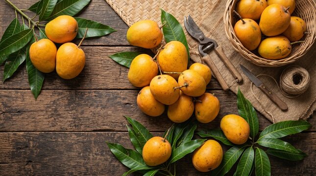 Fresh Ripe Alphonso Mango Harvest with Garden Tools on Rustic Wood