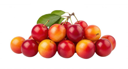Obraz premium A cluster of fresh, ripe cherry plums with gradient red and yellow skins and green leaves isolated on a solid black background