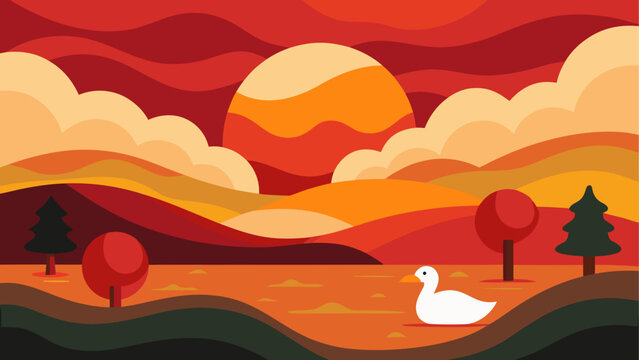 Serene sunset landscape with swan