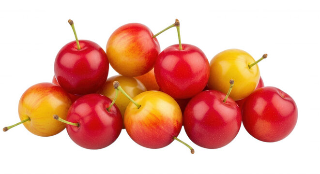 A cluster of fresh, ripe cherry plums with vibrant red and yellow skins, isolated against a solid black background, studio lighting