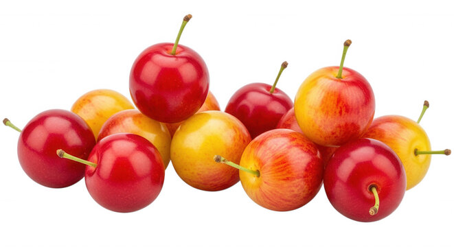 A cluster of fresh, ripe red and yellow cherry plums isolated on a solid black background, showing smooth skin and thin green stems