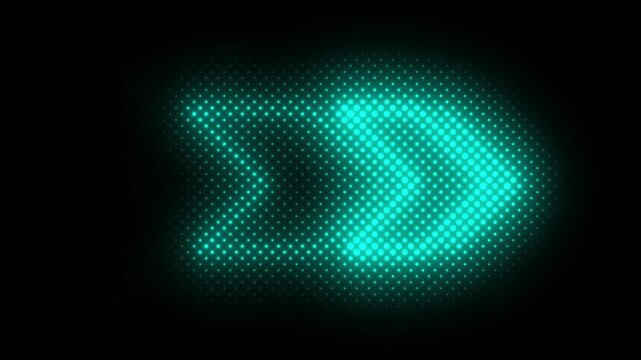 Halftone dot grid arrow animation in cyan neon light pulsing and moving forward on dark backdrop element, 4k video