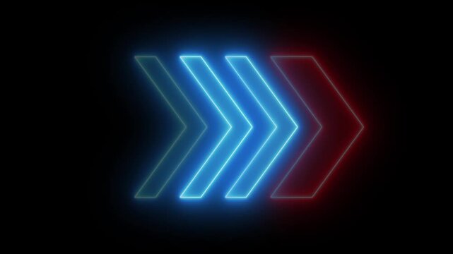 Glowing neon arrows looping animation with alternating yellow blue and red futuristic chevron pointers on black background, 4k video