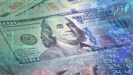 Naklejka premium The complex landscape of the financial market is illustrated with US dollar banknotes superimposed over digital stock data grids, matrix codes, candlestick charts, and financial analytics representing