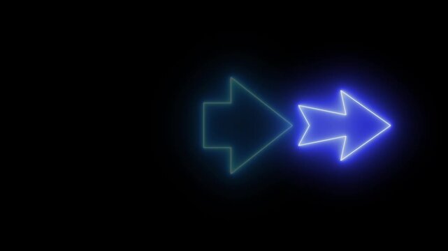 Dynamic glowing neon blue directional arrows flashing in a sequence on a dark black background for futuristic user interface design 4k video
