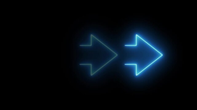 Three sequential bright blue neon arrows pointing right against a dark obsidian stone style background with vivid lighting, 4k video