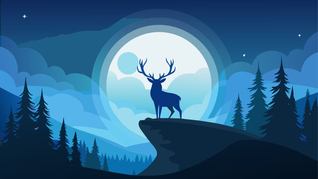 Stag standing under full moon