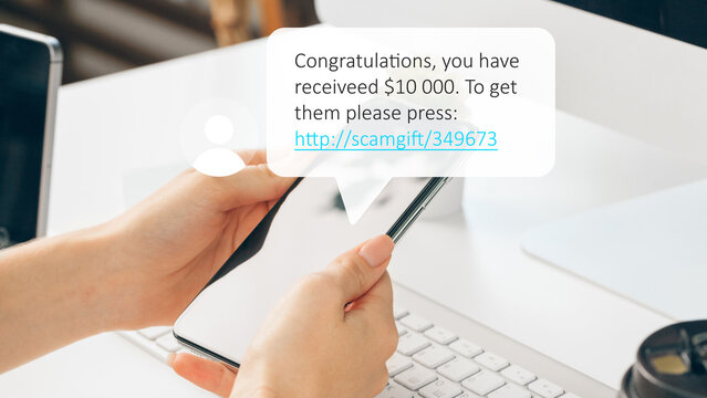 Scam call sms message received on a smartphone showing fake winnings to trap people